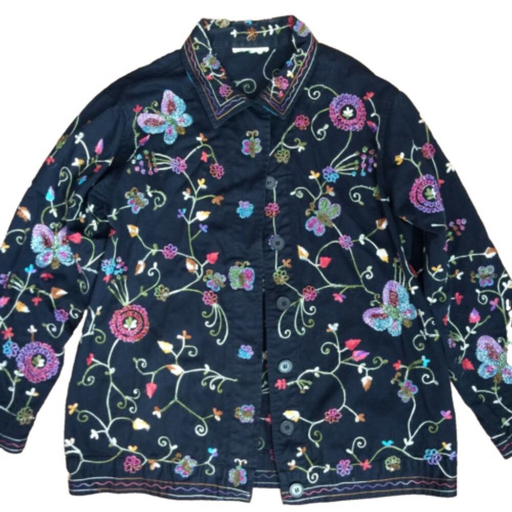 VINTAGE QUACKER FACTORY BEADED EMBROIDERED FLORAL BUTTERFLY JACKET WOMENS M
